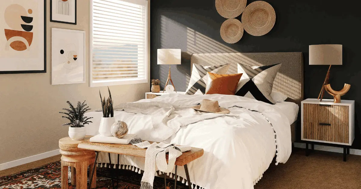 Hogar jardín dormitorio minimalista en tonos verdes y madera cama